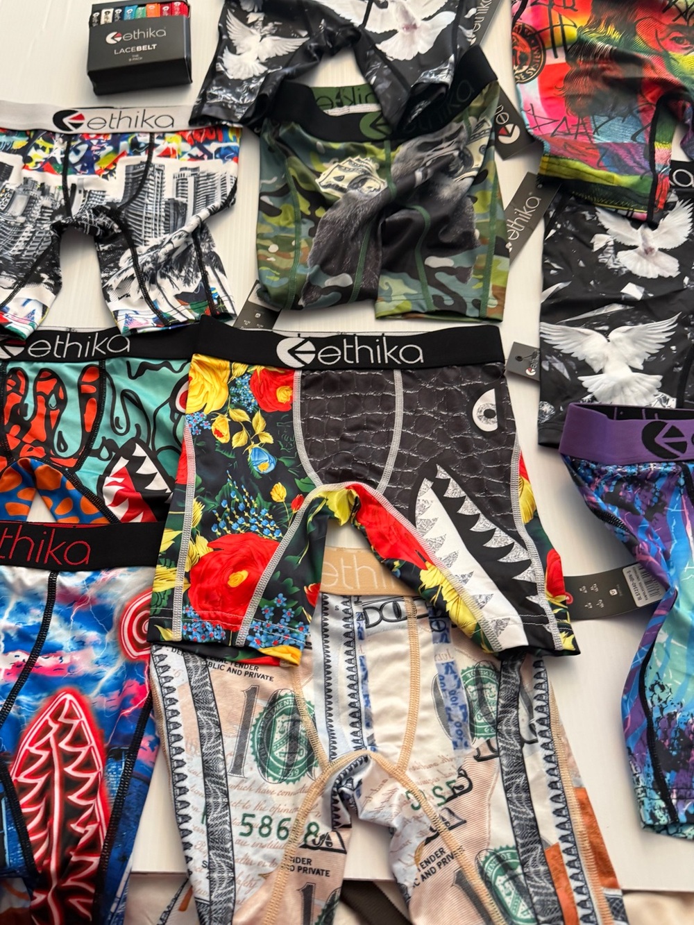 ethika 13 pack small staple cut, pack of 8 lace belts small shirt / socks bundle